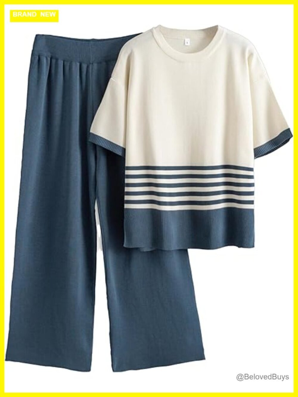 Women's Knit Lounge Set 2 Piece Tracksuit Short Sleeve Wide Leg Pants
